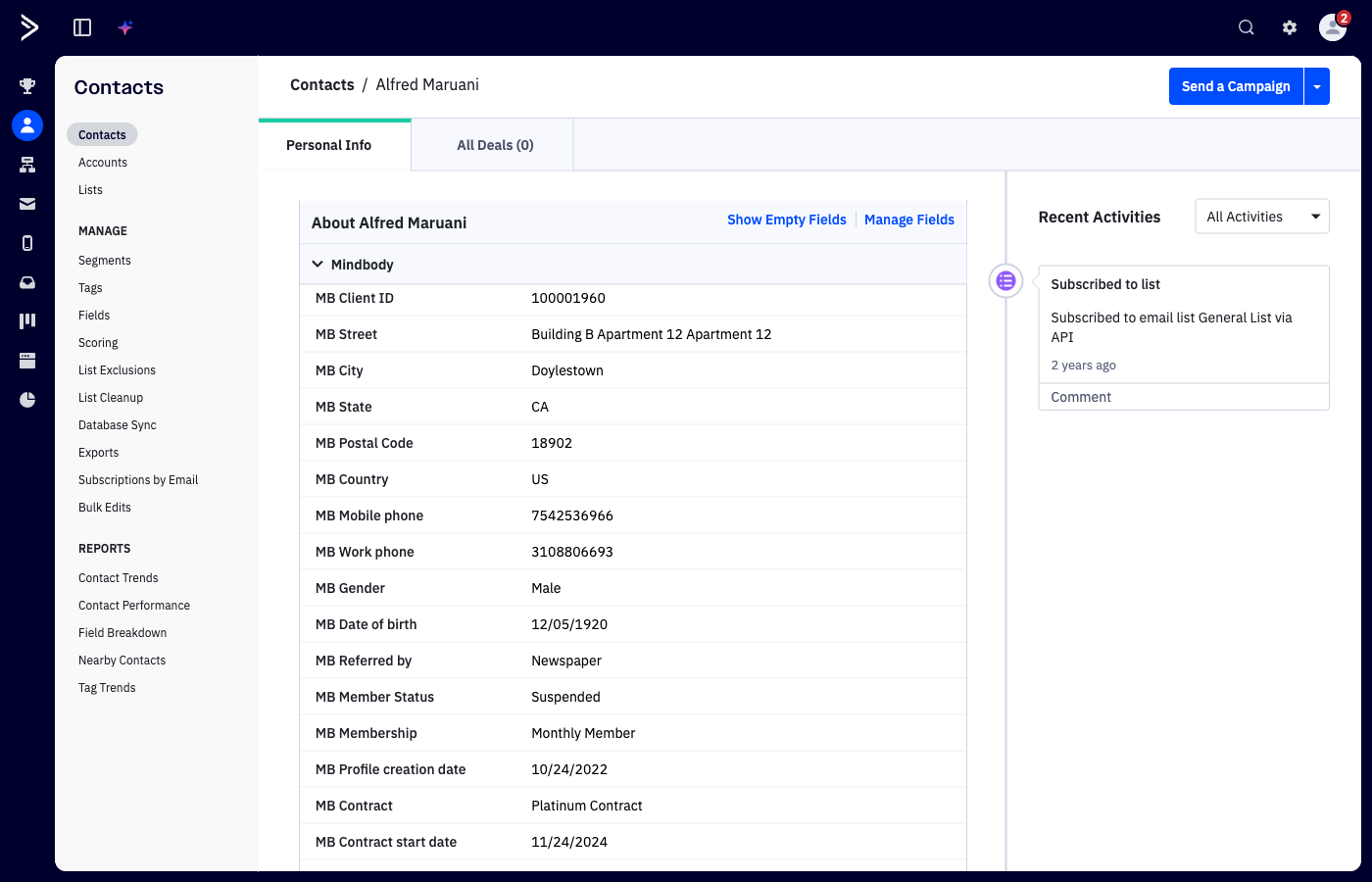 ActiveCampaign contact showing synced Mindbody custom fields