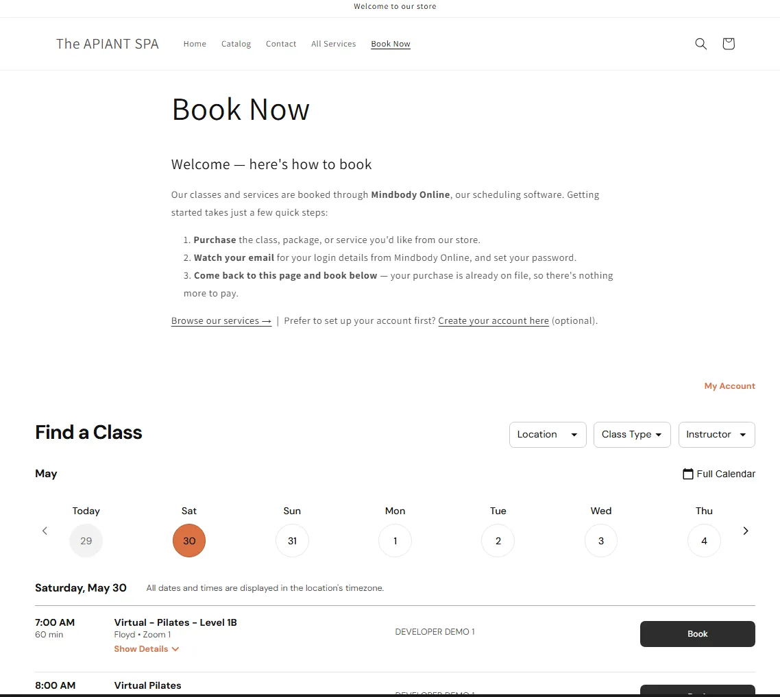 A Shopify "Book Now" landing page: a how-to-book explanation, links to services and optional account registration, and the Mindbody Schedules booking widget, with "Book Now" added to the store menu