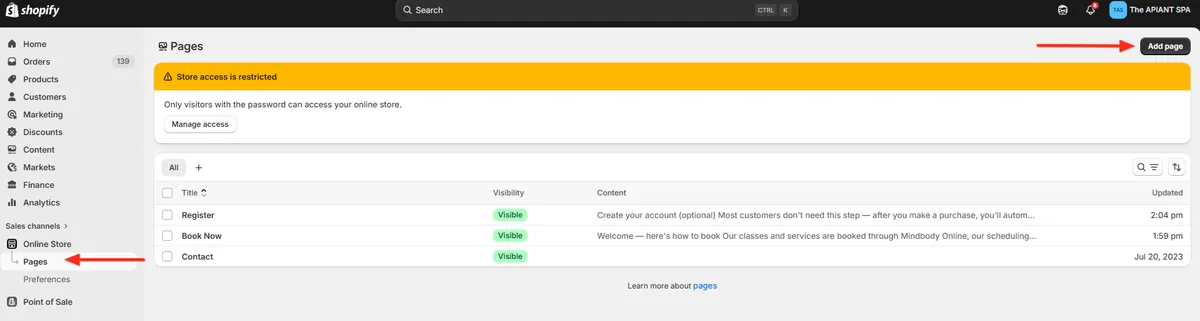 The Shopify Pages screen, with the Add page button highlighted