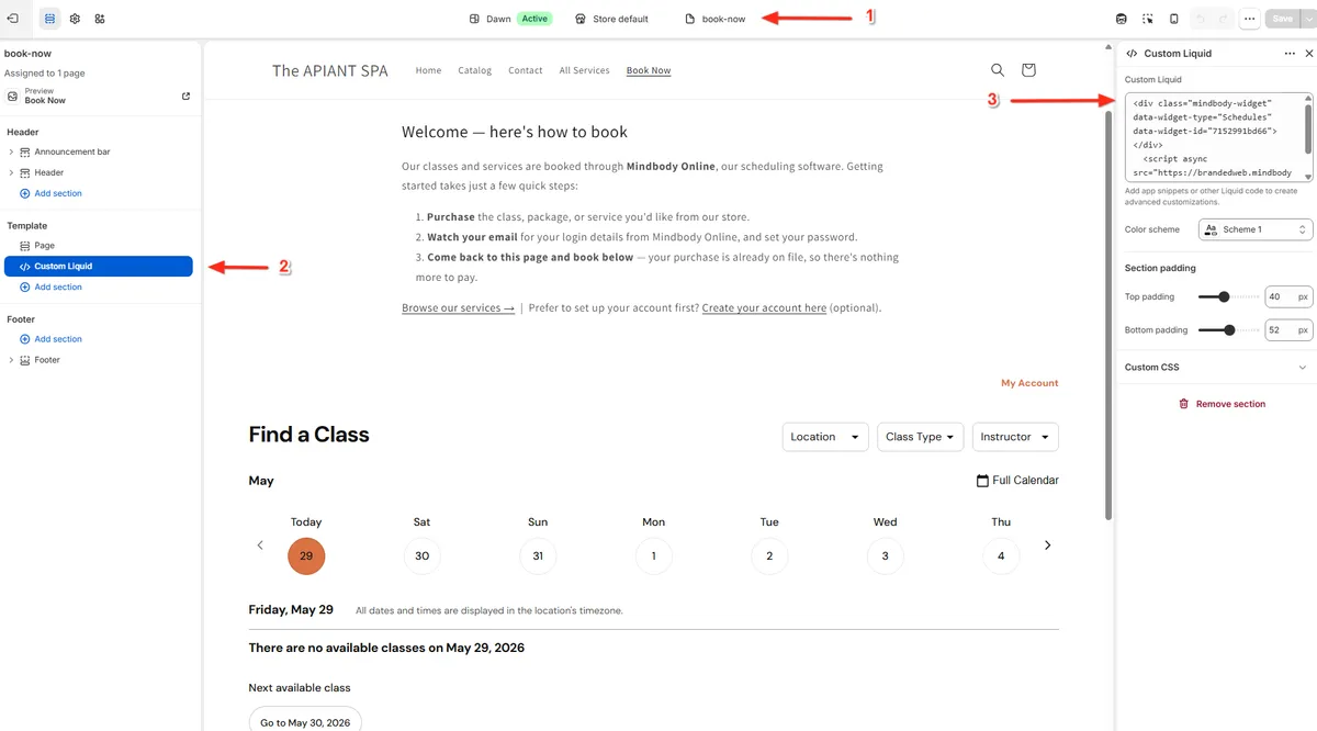 The Dawn theme editor: a Custom Liquid section (right) holding the Mindbody widget code, with the class schedule rendering live in the page preview