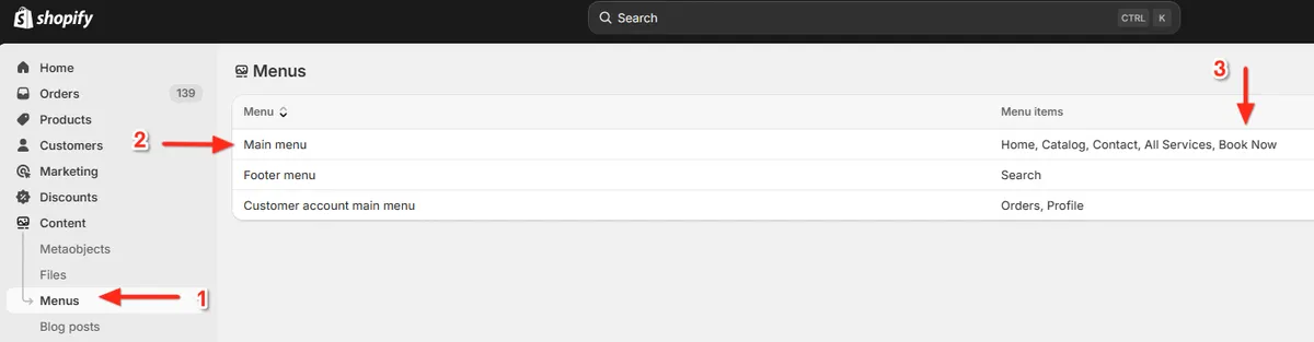 The Shopify Navigation → Menus screen, showing the Main menu with the new Book Now item added
