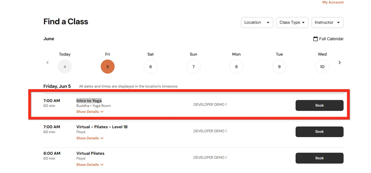 The Mindbody class schedule with the Intro to Yoga class highlighted and its Book button