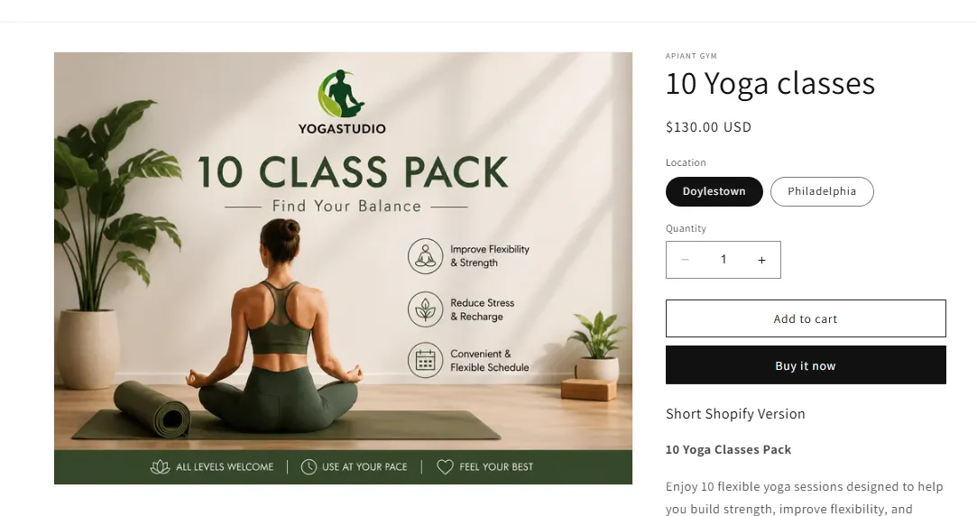 The 10 Yoga Classes product page on the demo store, with the Add to cart and Buy it now buttons