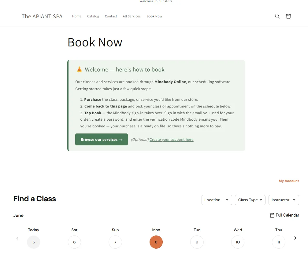 The Book Now page customers use: a green how-to-book panel plus the live Mindbody class schedule