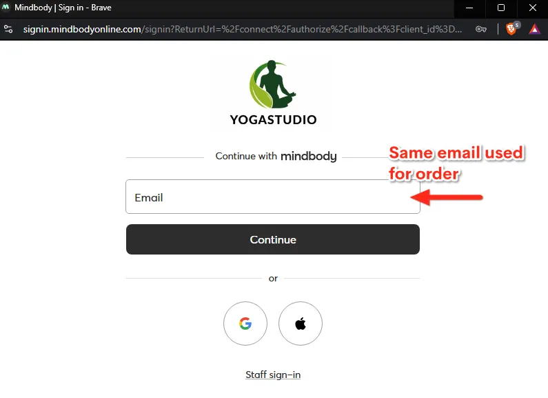 The Mindbody sign-in screen asking for your email — use the same email you ordered with