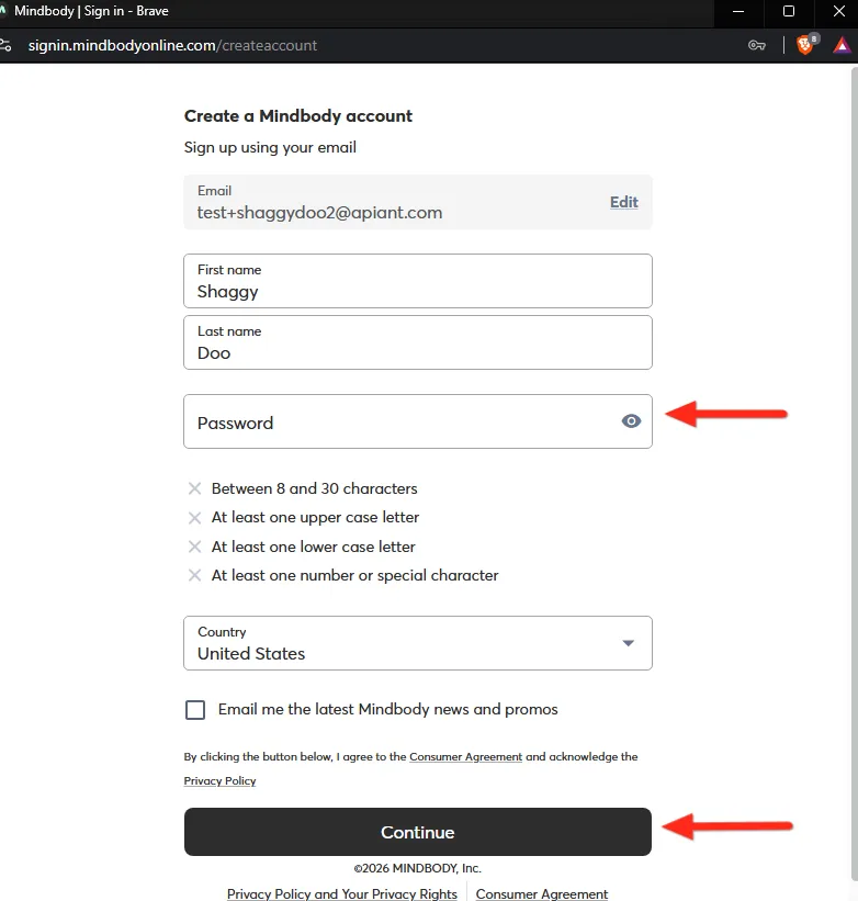 The Mindbody create-account screen with name and email prefilled, asking you to set a password
