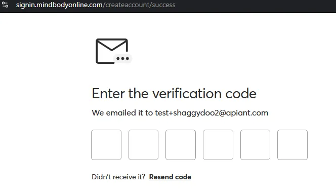 The Mindbody enter-the-verification-code screen