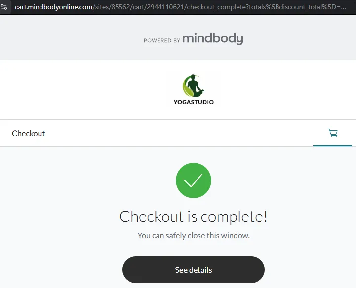 The Mindbody "Checkout is complete!" confirmation screen