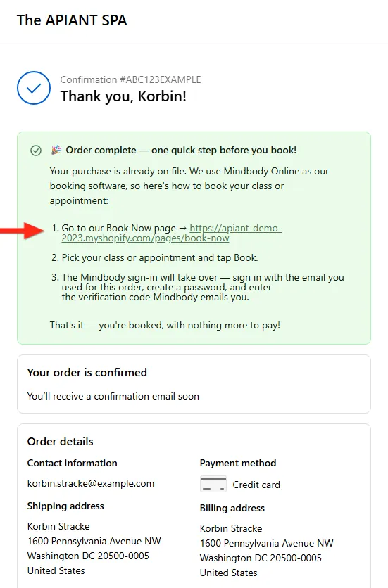 The Shopify Thank-you page with a green banner explaining how to book: go to the Book Now page, pick your class, and the Mindbody sign-in takes over