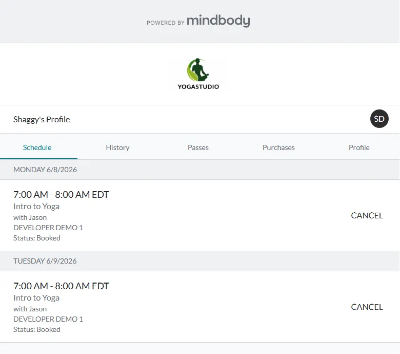 The Mindbody profile schedule showing the Intro to Yoga class with status "Booked"