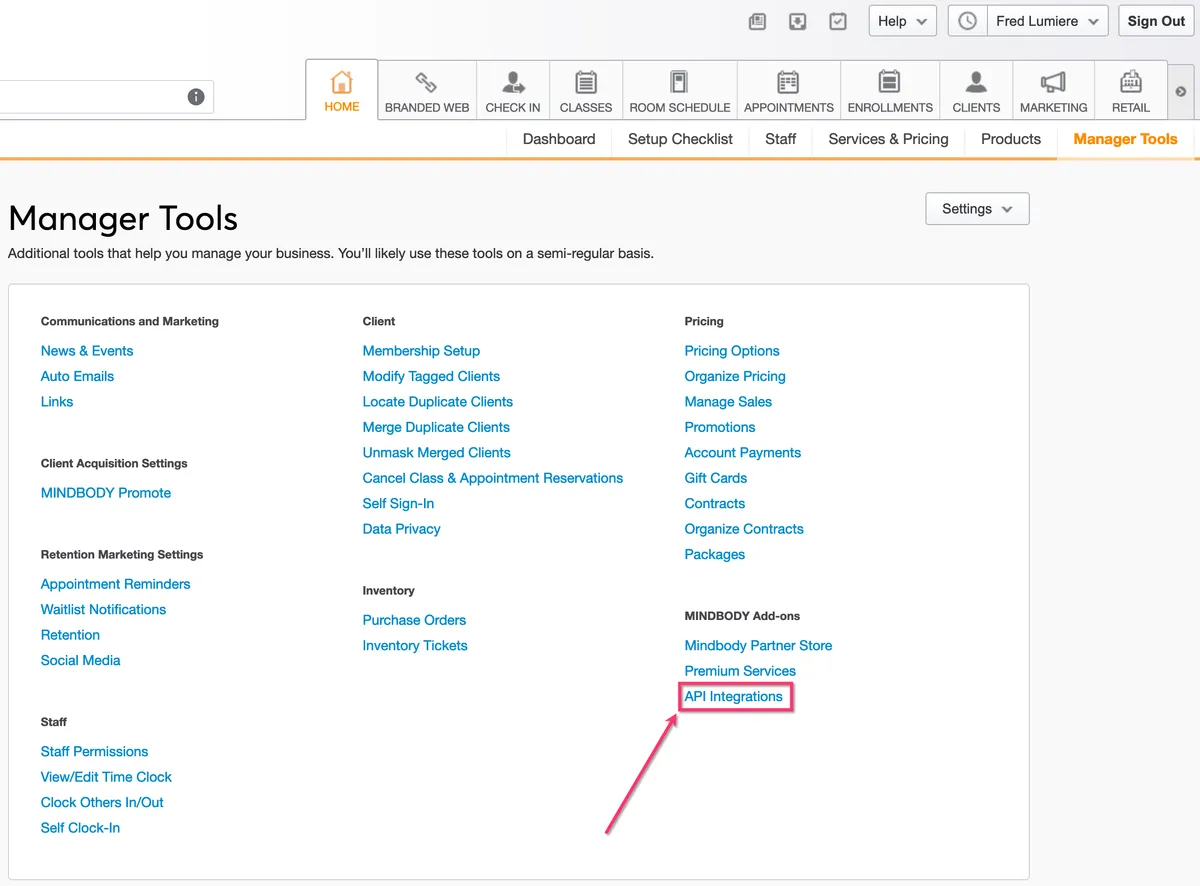 API Integrations listed under MINDBODY Add-ons when signed in as the Mindbody owner
