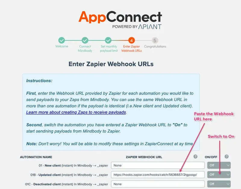 Pasting the Zapier webhook URL during AppConnect's Step 4 install screen