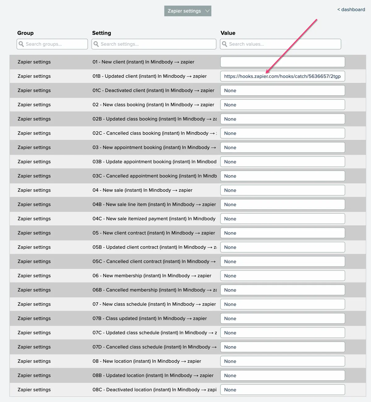 AppConnect Zapier settings with the webhook URL field for each automation