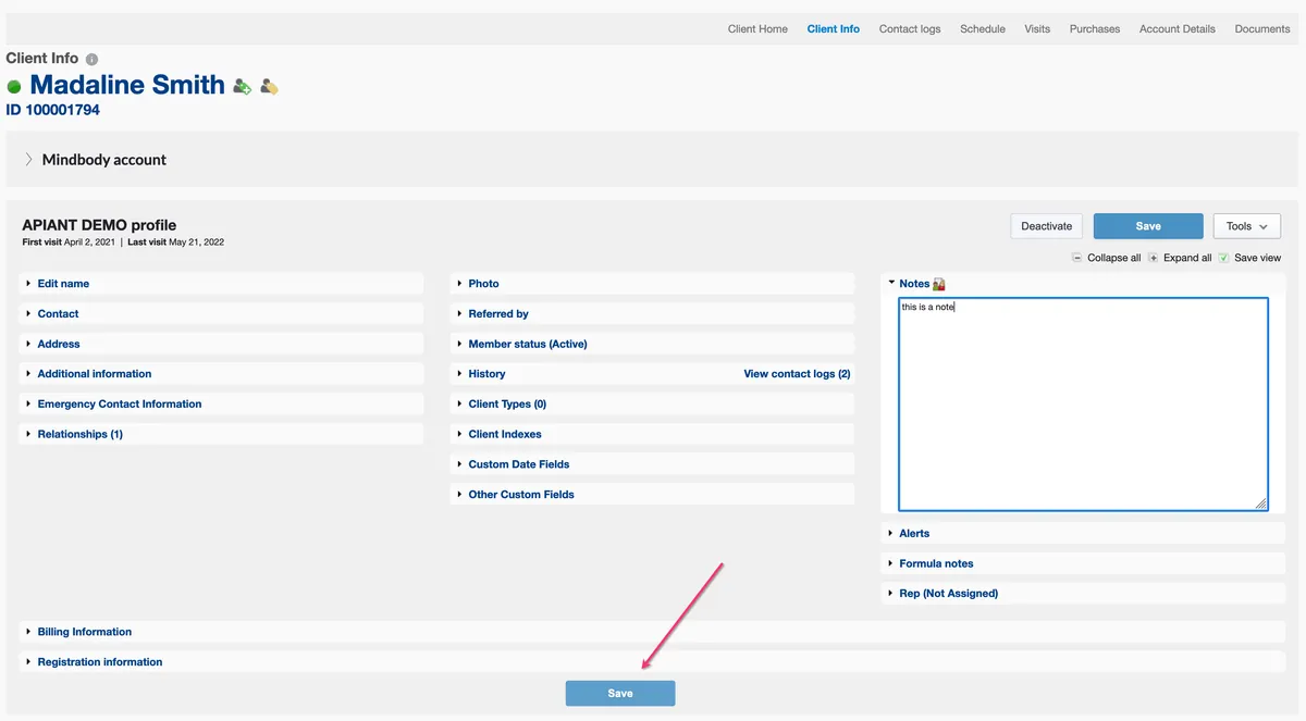Mindbody client-update payload appearing in Zapier
