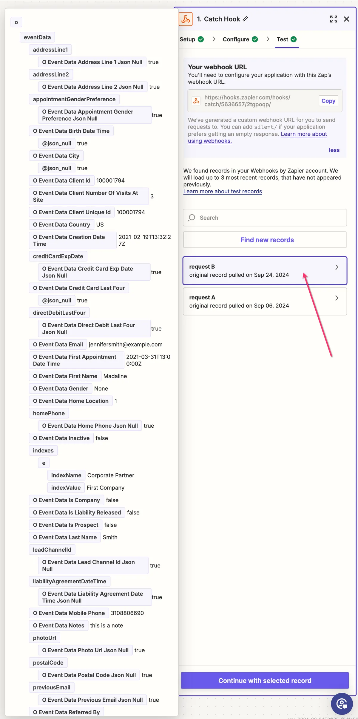 Zapier trigger test showing the captured payload fields