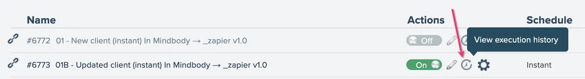 AppConnect automation View execution history icon
