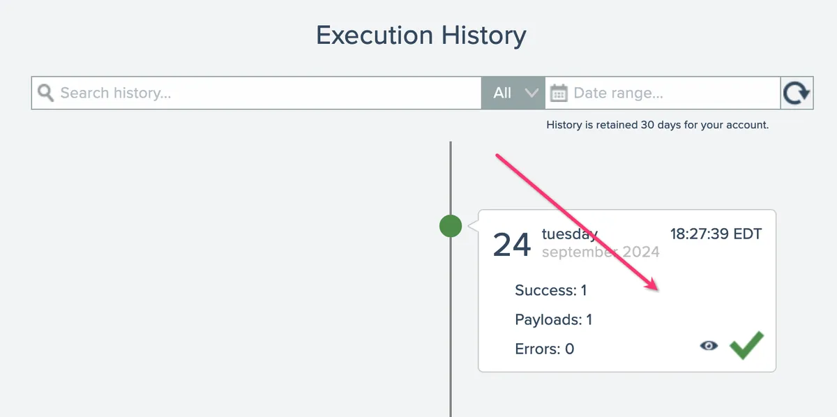 Execution history confirming the payload was processed