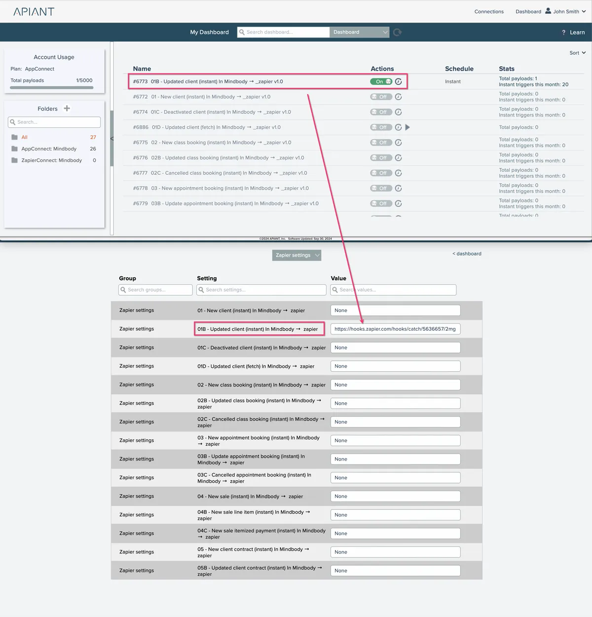 Webhook URL list showing the automation number preceding each name