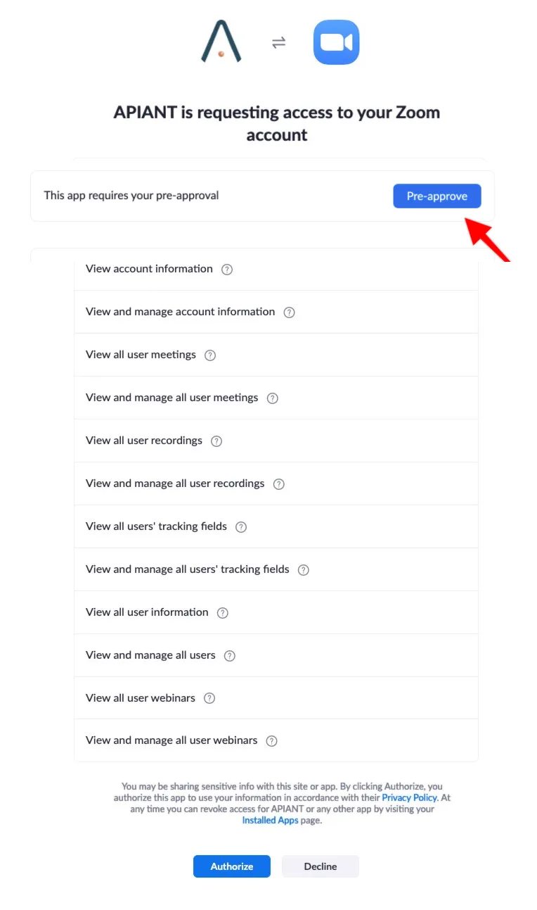 Authorizing the Zoom connection