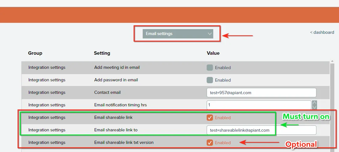 Email shareable link setting with the assigned address