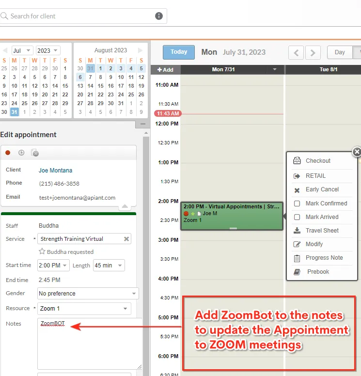 ZoomBOT keyword added to a Mindbody appointment's notes