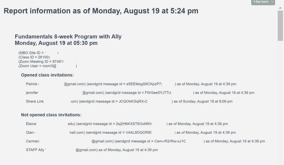 Example email delivery report for classes