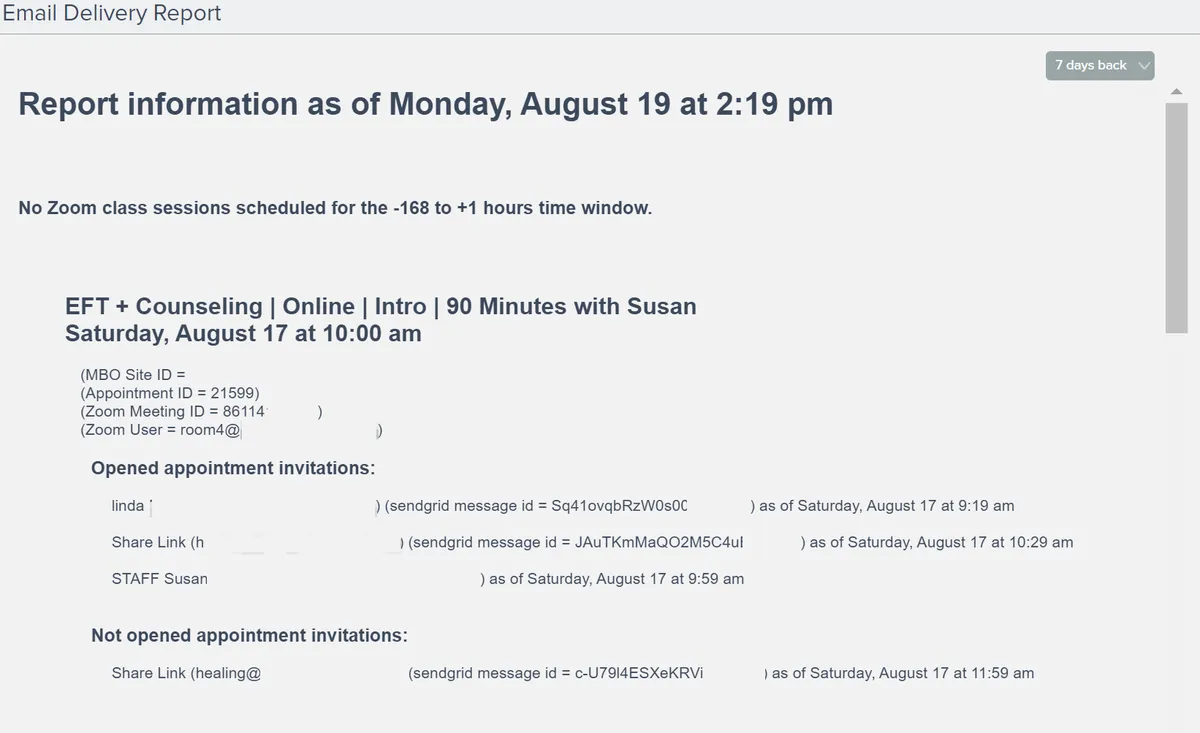 Example email delivery report for appointments