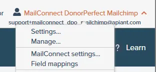 MailConnect account menu with MailConnect settings option