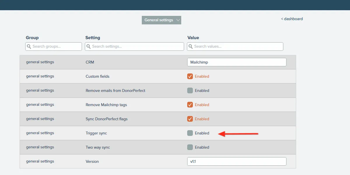 General settings screen with the Trigger sync option