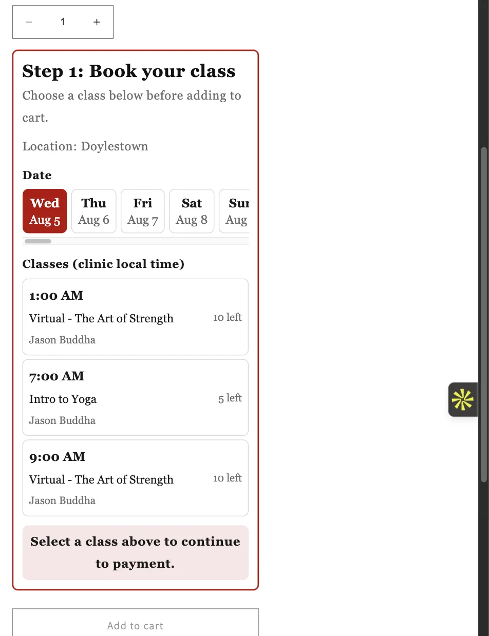 The booking widget customized: Georgia serif, larger text, and a red accent