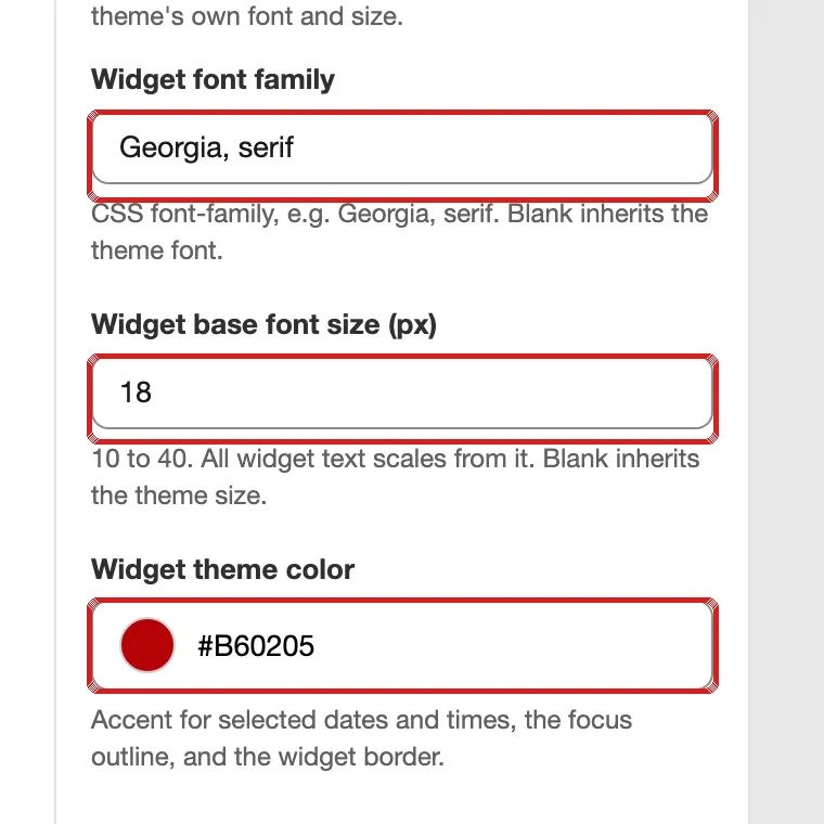 The three ShopConnect Booking fields in Theme settings: Widget font family, Widget base font size, and Widget theme color