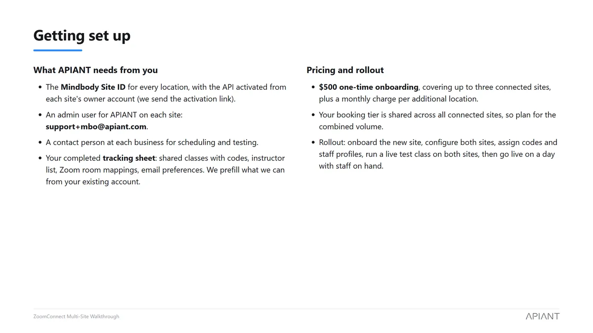 Setup requirements, pricing, and rollout