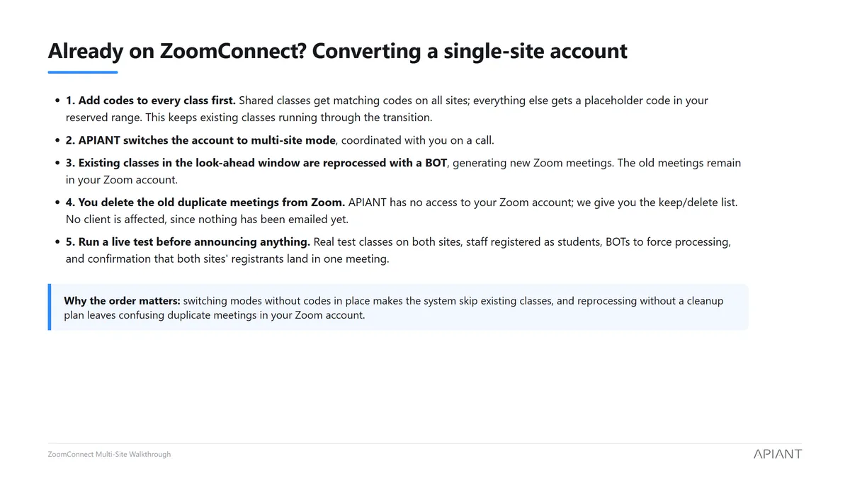 Conversion steps for existing single-site accounts