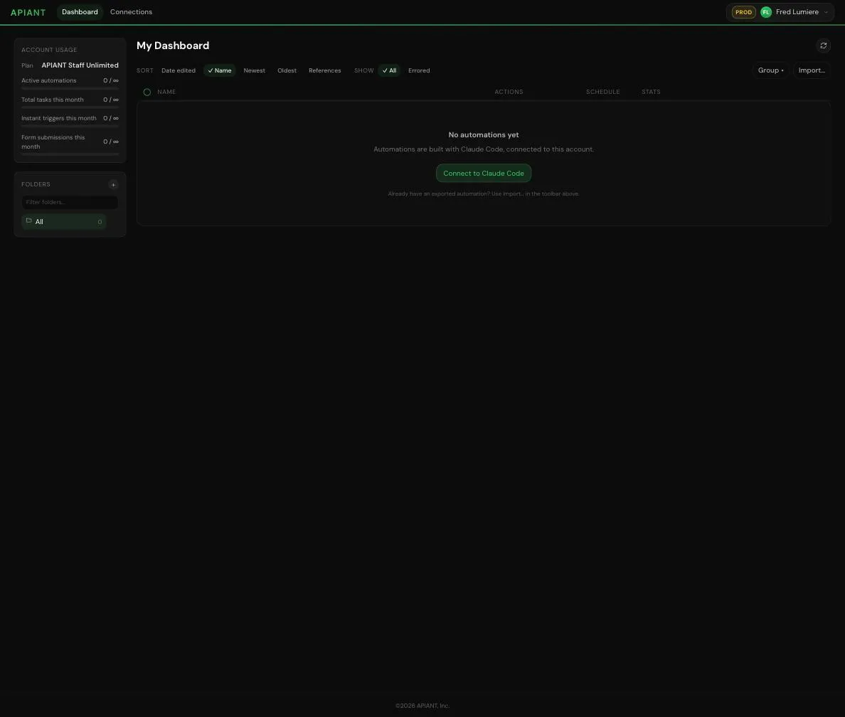 APIANT.AI dashboard after first sign-in