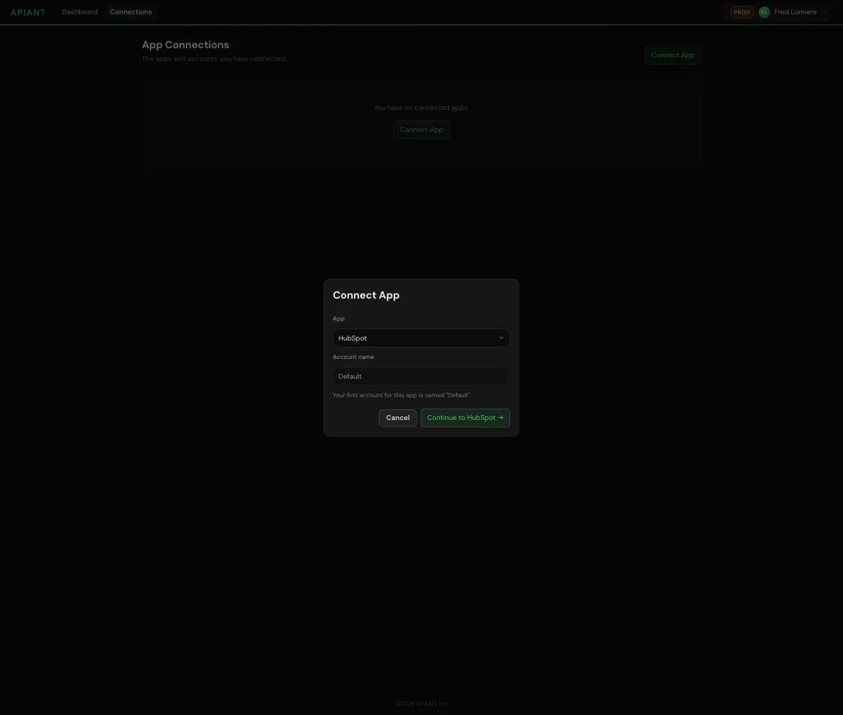 Connect App dialog with HubSpot selected