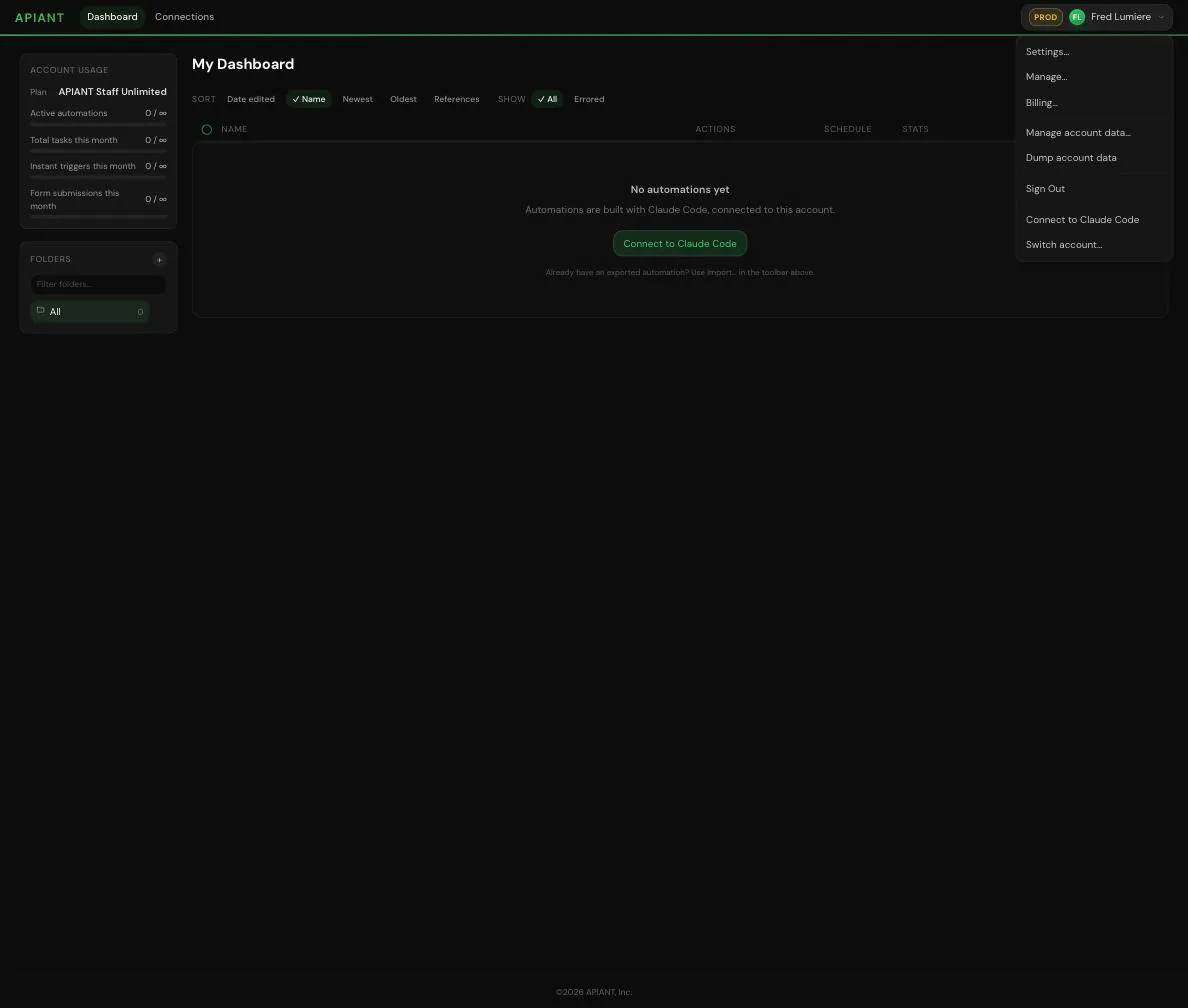 Account menu with Connect to Claude Code
