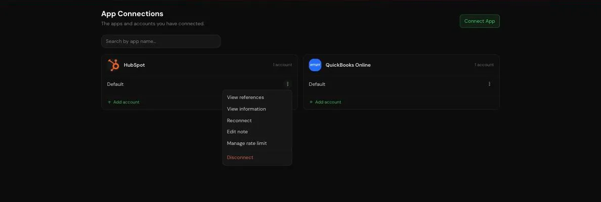 HubSpot connection menu