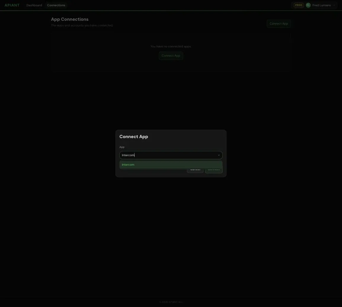 Connect App dialog with Intercom in the search results