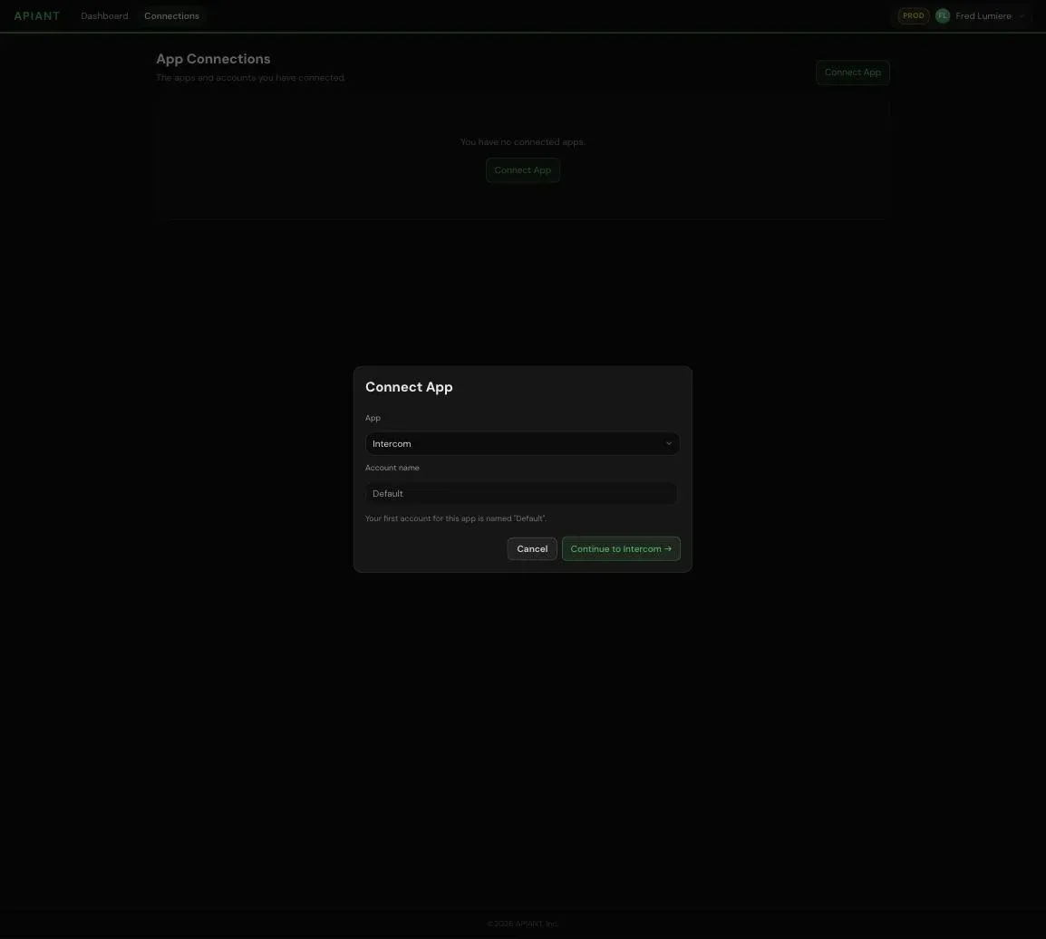 Connect App dialog with Intercom selected
