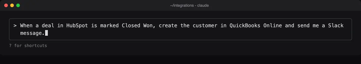 Claude Code prompt with a HubSpot integration request typed in