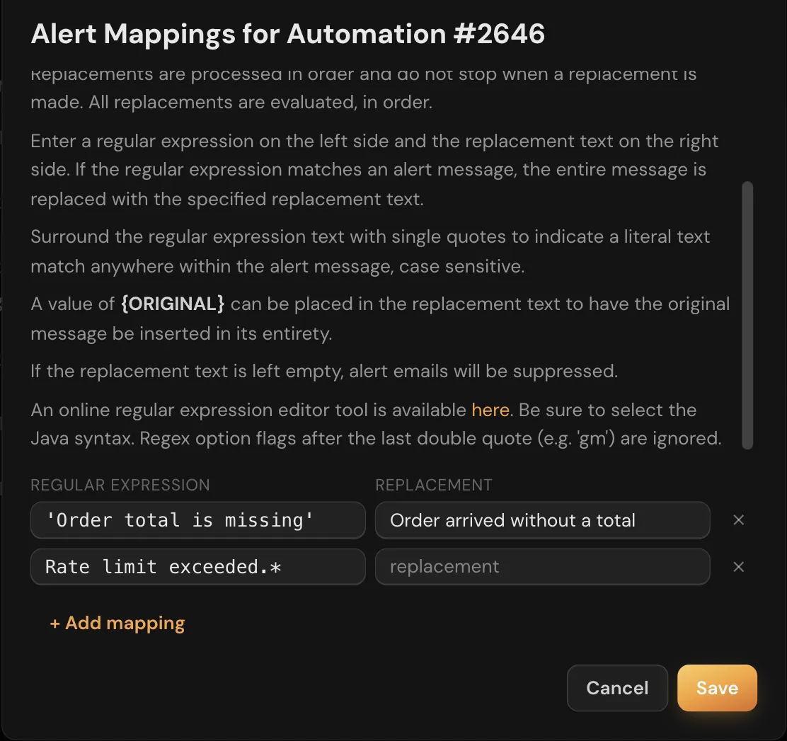 The Alert Mappings dialog for one automation with its instructions and two rules: a quoted literal pattern with a friendly replacement, and a Rate limit exceeded pattern with an empty replacement.