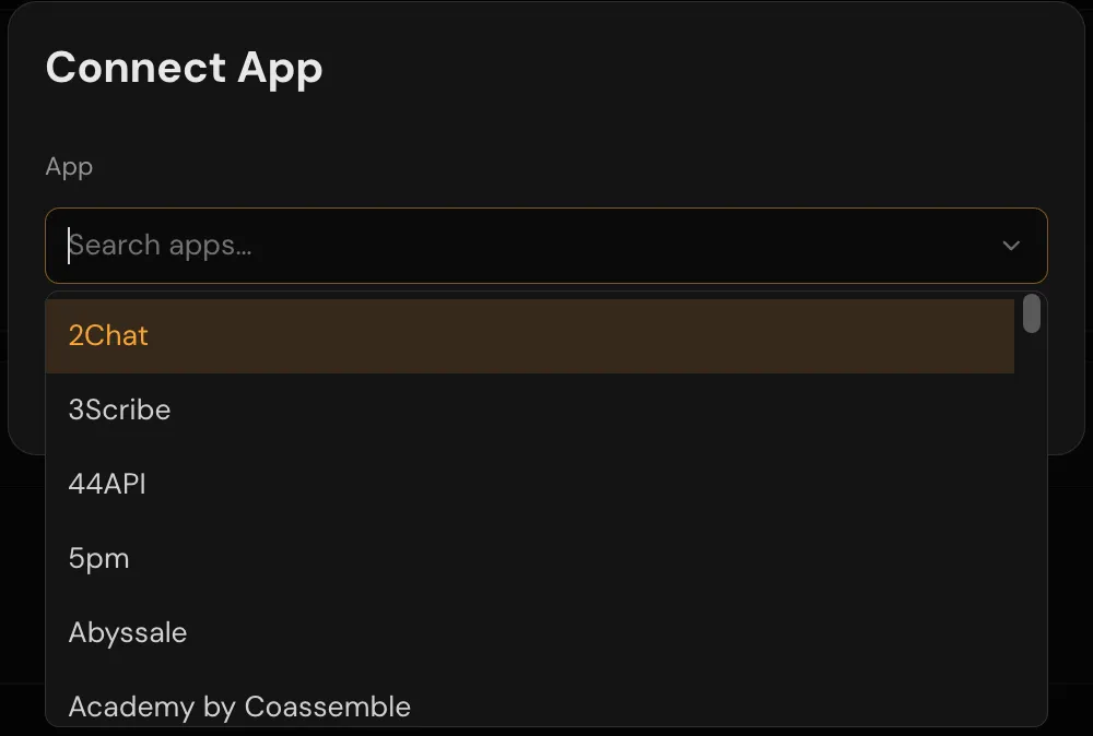 The Connect App dialog with its Search apps field focused and the alphabetical app list open below it.