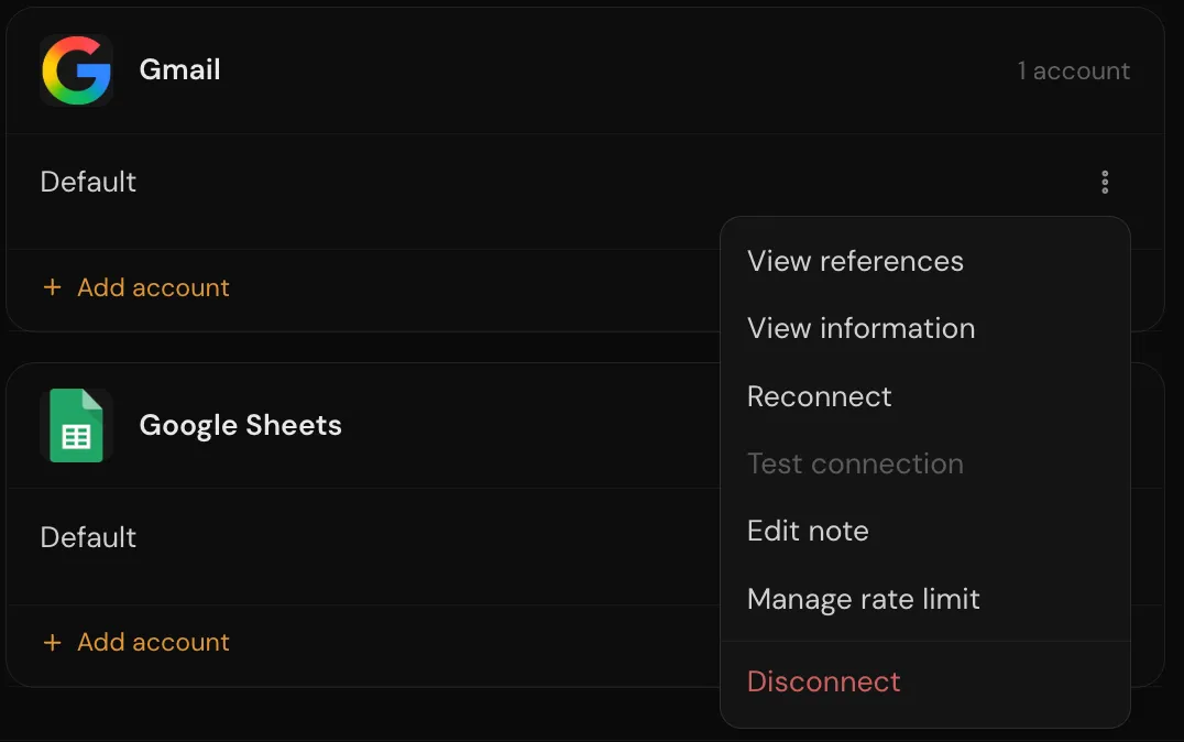 The row menu open on a Gmail account named Default, listing View references, View information, Reconnect, Test connection (disabled), Edit note, Manage rate limit and Disconnect.
