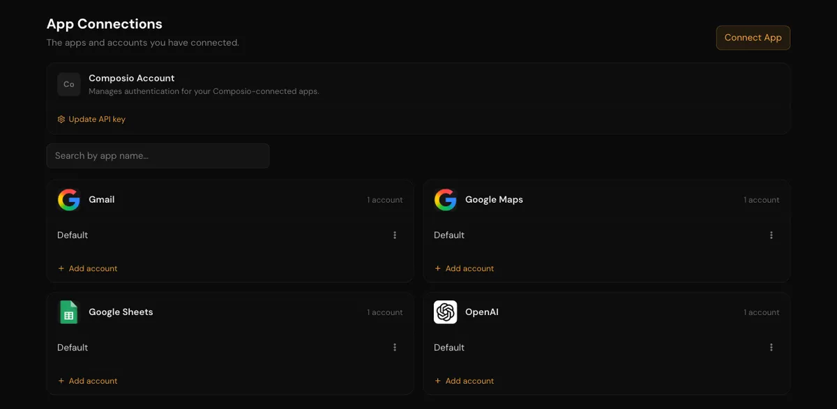 The App Connections page with the Connect App button, a Composio Account card, an app search box, and cards for Gmail, Google Maps, Google Sheets and OpenAI, each with one account named Default and an Add account link.