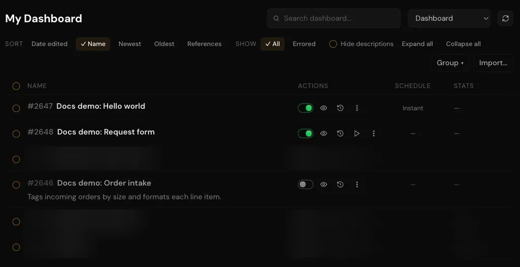 The dashboard list with automations switched on and off, the Schedule column showing Instant, and the Stats column; unrelated rows are blurred.