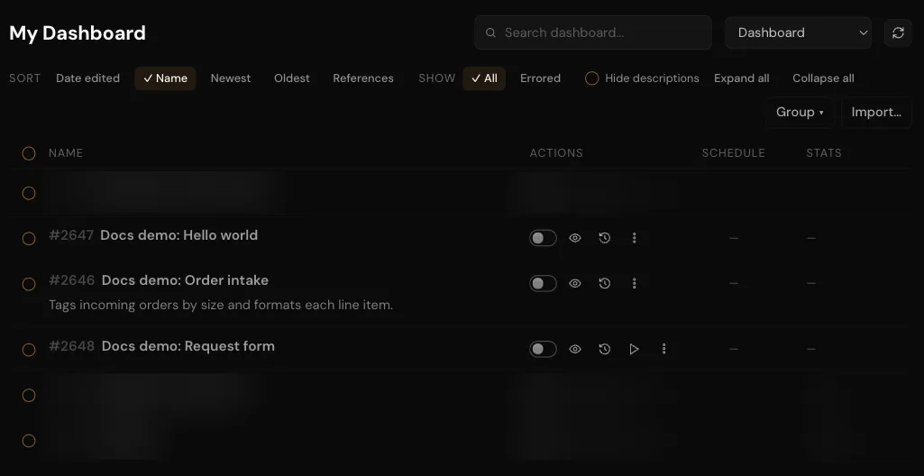 The APIANT dashboard listing automations with their on/off switches, schedule and stats columns; unrelated rows are blurred.