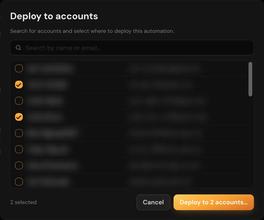 The Deploy to accounts dialog with an account search box, a list of accounts with two checkboxes selected, and the Cancel and Deploy to 2 accounts buttons.