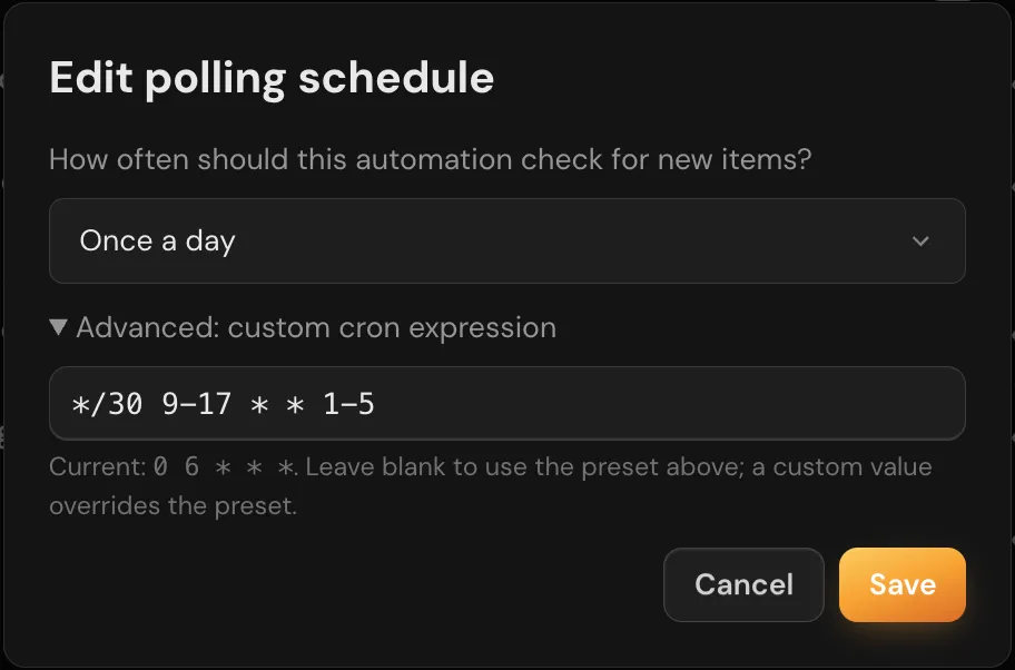 The Edit polling schedule dialog with the Once a day preset selected and the Advanced custom cron expression field expanded and filled with a weekday business-hours cron, above the current schedule note.