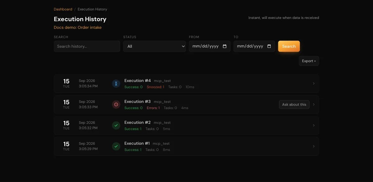 The Execution History page for Docs demo: Order intake, with the search, status and date filters, the Instant schedule note, and four runs: one snoozed, one with an error and an Ask about this button, and two successful.