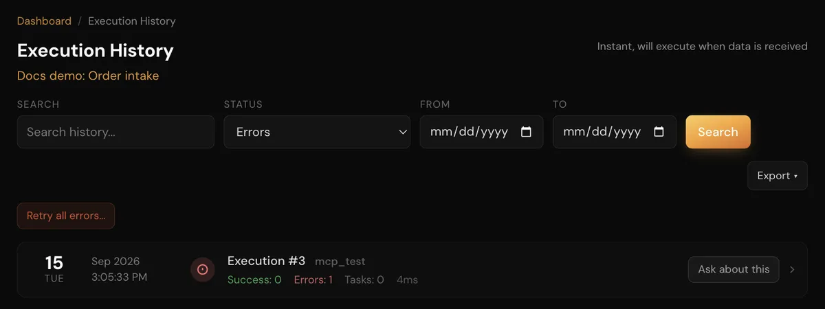 Execution History filtered to Errors, showing the Retry all errors button and one failed run row with an Ask about this button on the right.